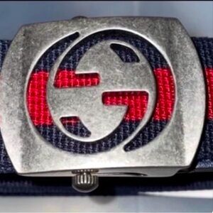 GUCCI WEB BELT WITH ADJUSTABLE G BUCKLE BLUE LEATHER LIKE NEW w/tag SZ 110/44